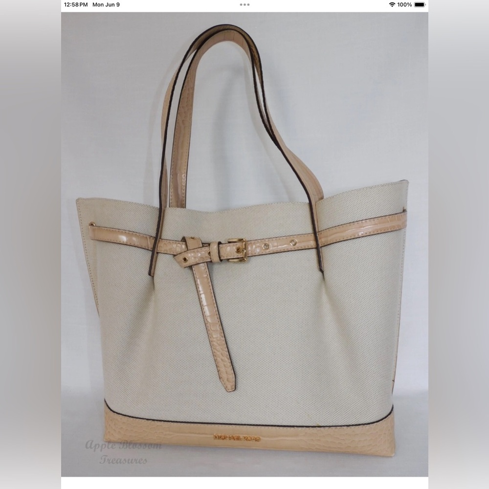 Michael Kors Emilia Large Tote Bag-Cream Canvas w/Lt Beige Embossed Croc Leather